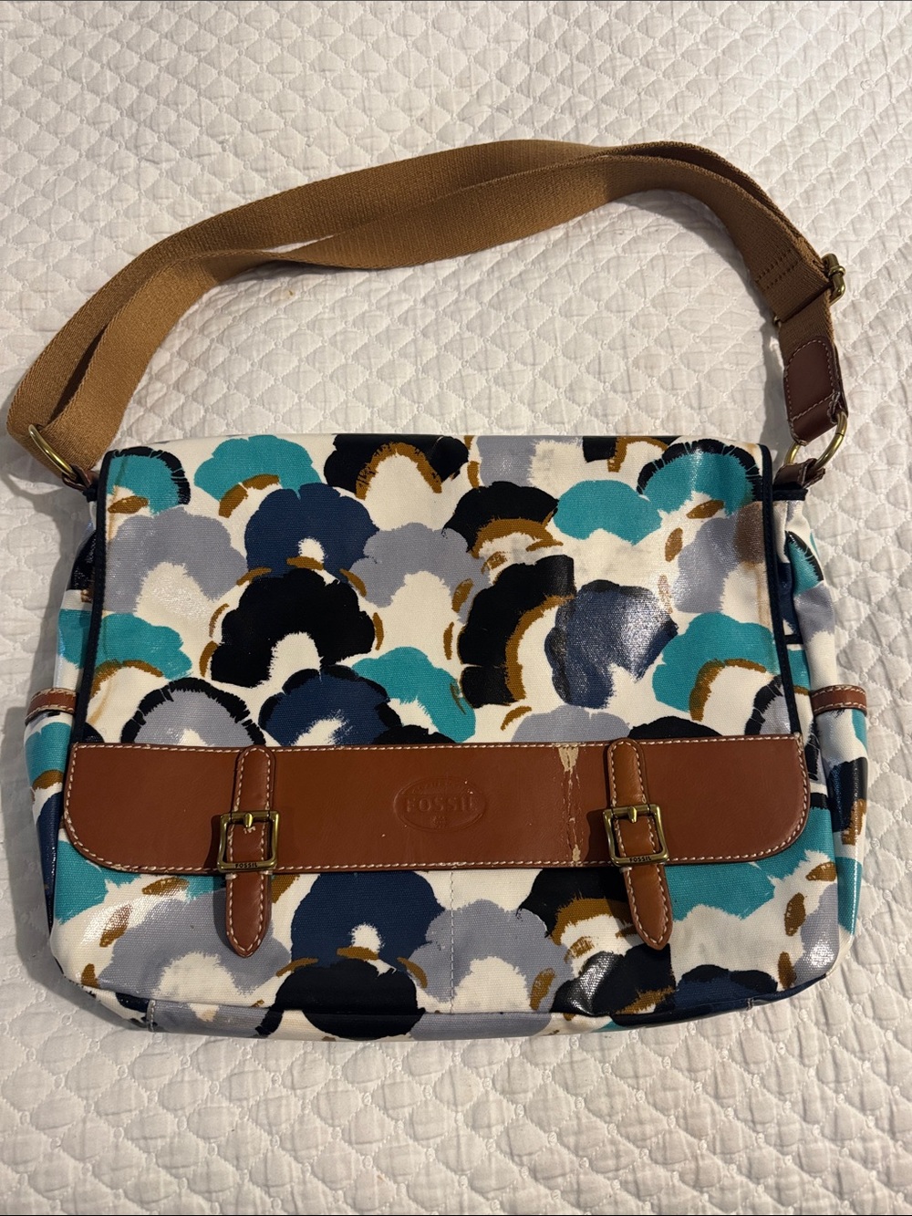 Fossil Multicolor Floral Canvas Crossbody with Tan Leather Trim